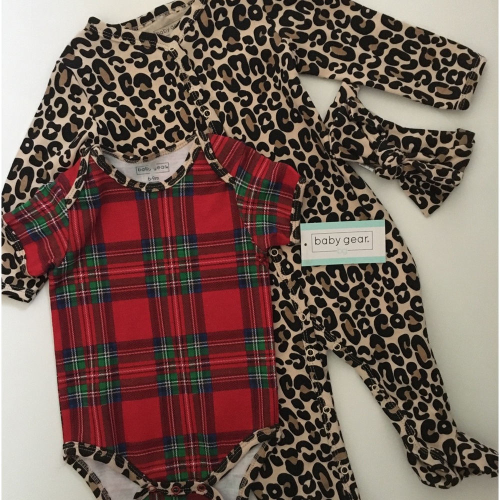 Baby Gear (6-9M) Red Plaid Bodysuit & Leopard One-Piece Set with Headband